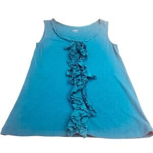 Ann Taylor Loft Teal Blue Textured Ruffled Front Tank Top Wide Scoop Neck